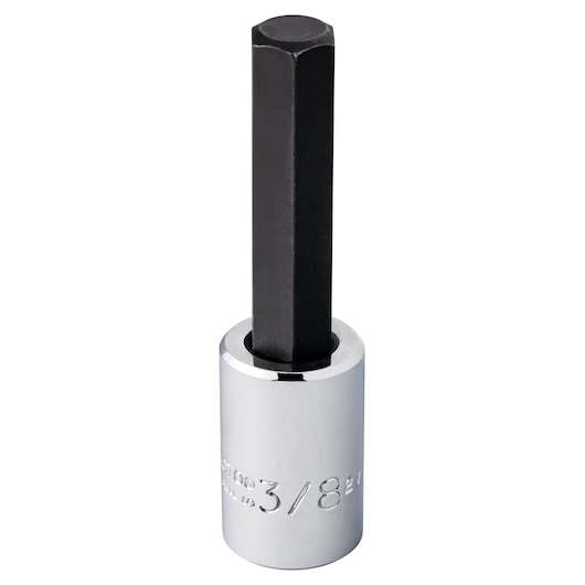 Photo of PROTO J49903/8 hex bit socket, chrome finish with black hex tip, upright front angle on white background.