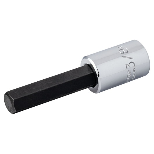 PROTO J49903/8 hex bit socket with chrome finish, black hexagonal tip, product photography on white background.