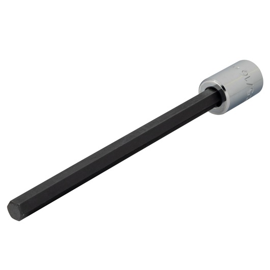 Photo of PROTO J49905/16XL extra long hex bit socket with black hex shaft and silver socket, angled on white background.
