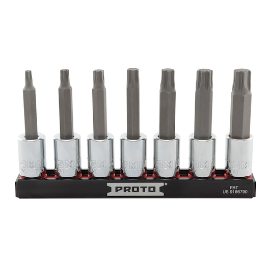 PROTO J4990R7MM 7-piece metric hex bit socket set on holder, chrome sockets with black bits, front view.