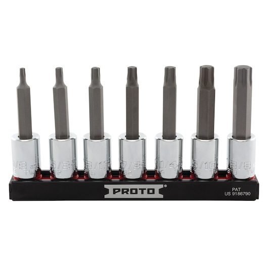 PROTO J4990R7SAE hex bit socket set, 7-piece, chrome sockets with grey hex bits in holder, front view, white background.