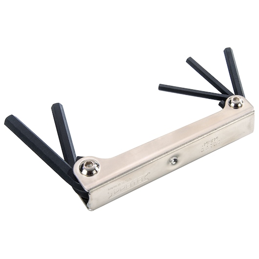 PROTO J4994 folding hex key set with six black hex keys extended, silver handle, front angle on white background.