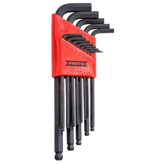 PROTO J4995 ball-end hex key set in red holder, multiple black hex keys, white background front angle.