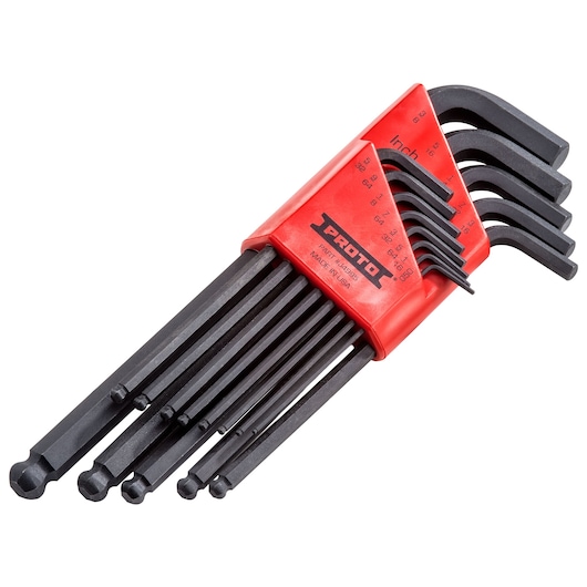 PROTO J4995 hex key set with black finish in red holder, photographed from angled top on white background.