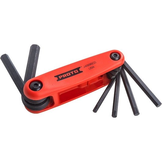 PROTO J4996CG red folding hex key set, multiple black hex keys extended, photography on white background.