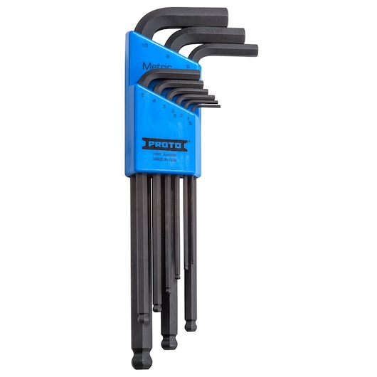 PROTO J4996 metric hex key set with blue holder, front angle, black steel tools arranged by size.