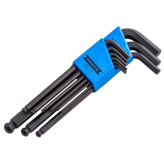 PROTO J4996 hex key set with ball ends in blue holder, angled view on white background