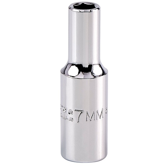 Photo of PROTO 7mm chrome socket, SKU J5007MH, shown upright on white background.