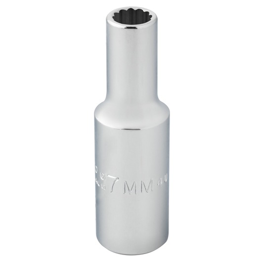 Photo of PROTO J5007M chrome finish 12-point deep socket, straight-on angle, on white background.