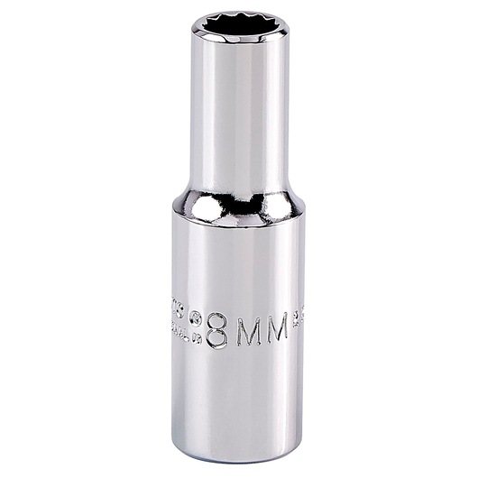 PROTO J5008M chrome 8mm deep socket tool, front angle on white background.