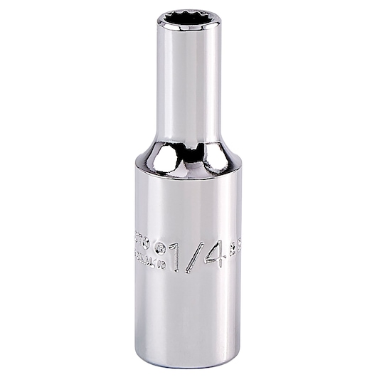 PROTO J5008 chrome socket, 1/4 inch, shown upright on white background, photography of hand tool accessory.