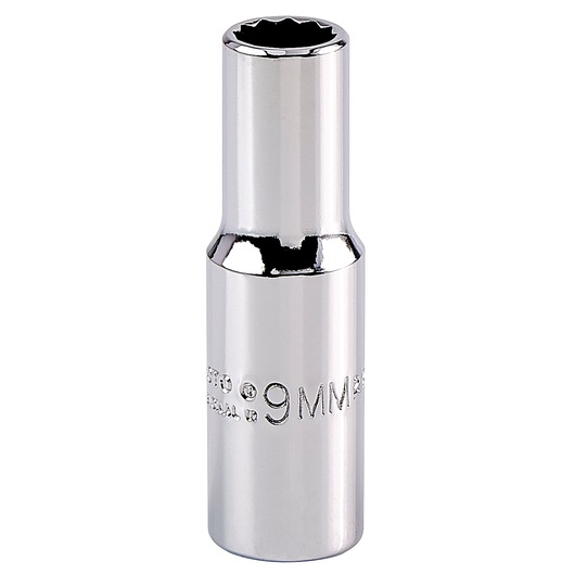 PROTO J5009M chrome 9mm deep socket, front angle, tool category, on white background.