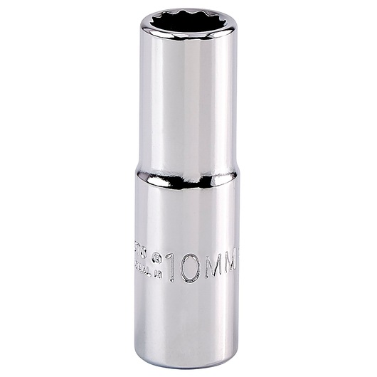PROTO J5010M chrome 10mm deep socket, side angle, on white background.