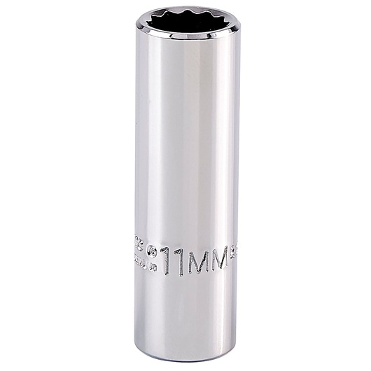 PROTO J5011M chrome 11mm deep socket, vertical front angle, photography on white background.