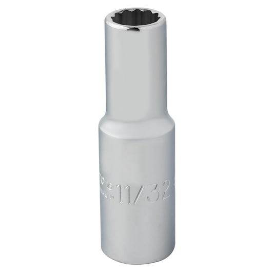 Photo of PROTO J5011 chrome deep socket, 12-point, engraved size marking, front angle on white background.