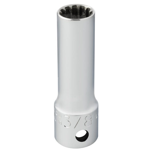 PROTO J5012DPL chrome long 12-point socket, photography, upright angle on white background.
