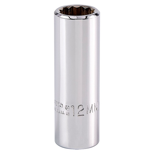 PROTO J5012M chrome 12mm deep socket tool, side angle, white background.