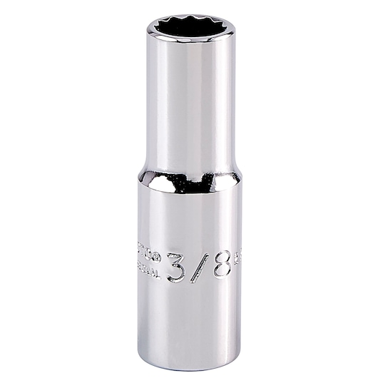 PROTO J5012 chrome socket, 3/8 inch, twelve-point, photographed upright on white background.