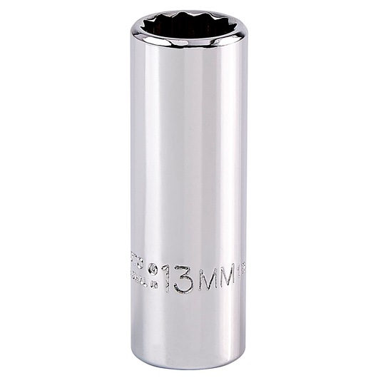 PROTO J5013M chrome 13mm deep socket, product photography, front angle on white background.