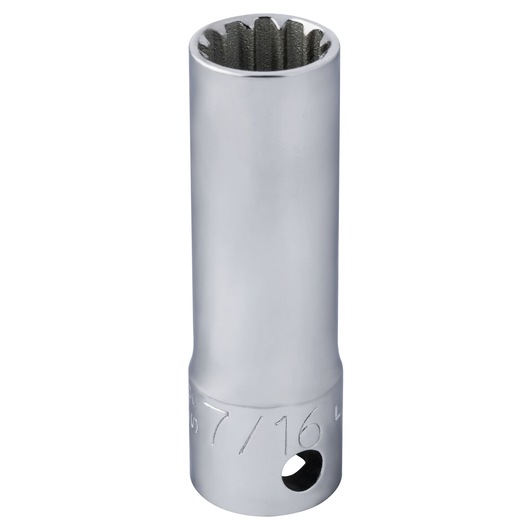 PROTO J5014DPL silver 12-point deep socket, side angle, engraved size marking near base.