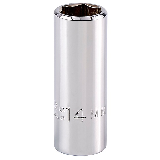PROTO J5014MH chrome 14mm deep socket, front angle, plain white background.