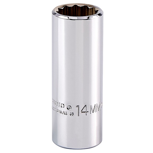PROTO J5014M chrome long 12-point socket, 14mm size, upright angle, on white background.
