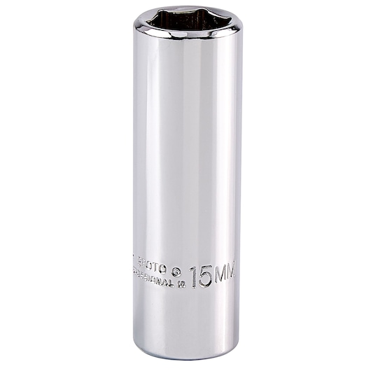 Photo of PROTO J5015MH chrome 15mm deep socket, six-point design, standing upright on white background.