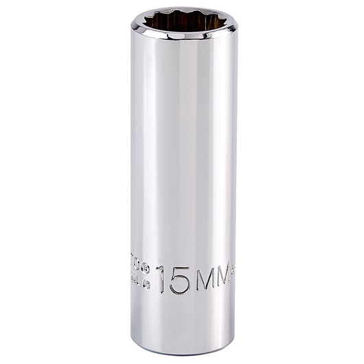PROTO J5015M chrome deep socket 15mm, vertical front angle, photography on white background.