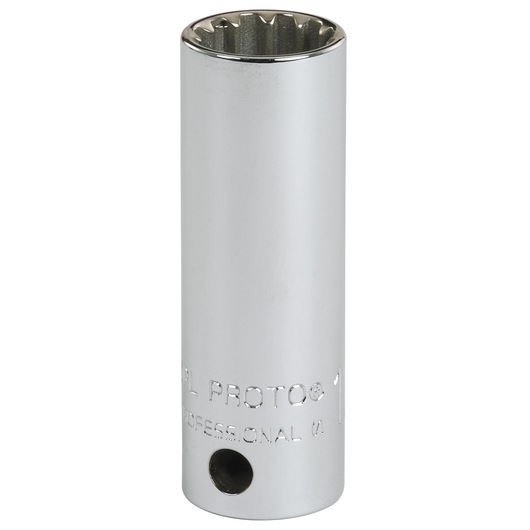 PROTO J5016DPL chrome-finished deep socket, 12-point, photographed upright on white background.