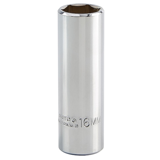 PROTO J5016MH chrome 16mm deep socket, cylindrical shape, front angle on white background.
