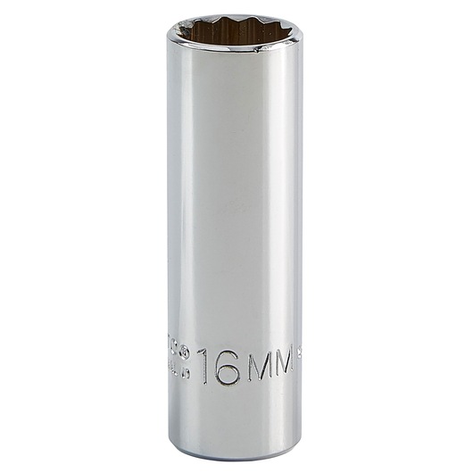 PROTO 16mm chrome deep socket, cylindrical shape, top-down angle, white background, J5016M.