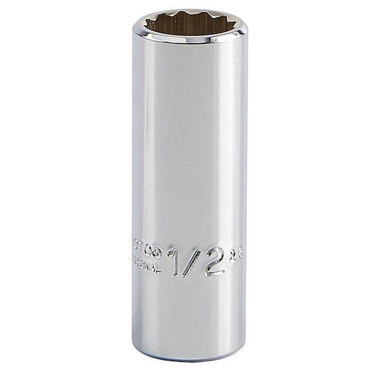 PROTO J5016 chrome deep socket, 1/2 inch size, front angle, white background.