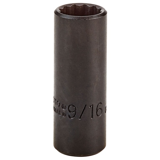 PROTO J5018B deep 12-point socket, 9/16 inch size, black finish, front angle, white background.