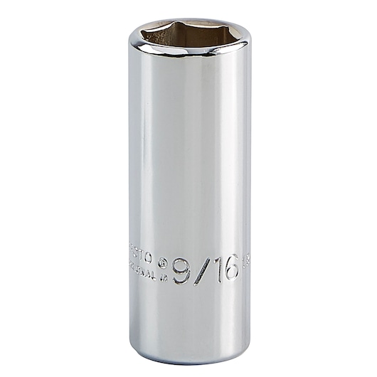 PROTO J5018H chrome deep socket, 9/16 inch size, shown upright on white background, tool category.