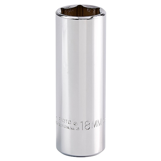 Photo of PROTO J5018MH chrome deep socket, 18mm, shown upright on white background.