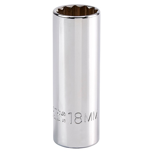 PROTO deep 18mm chrome socket, SKU J5018M, photographed upright on white background.