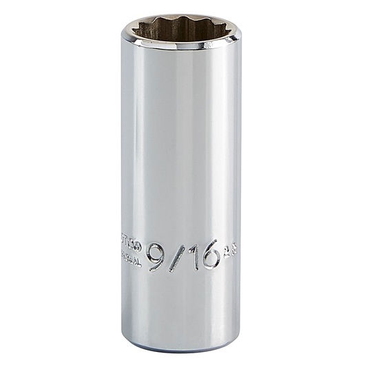 PROTO J5018 chrome 9/16-inch deep socket, vertical angle on white background.
