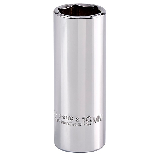 PROTO J5019MH chrome 19mm deep socket, cylindrical shape, product photography, front angle.