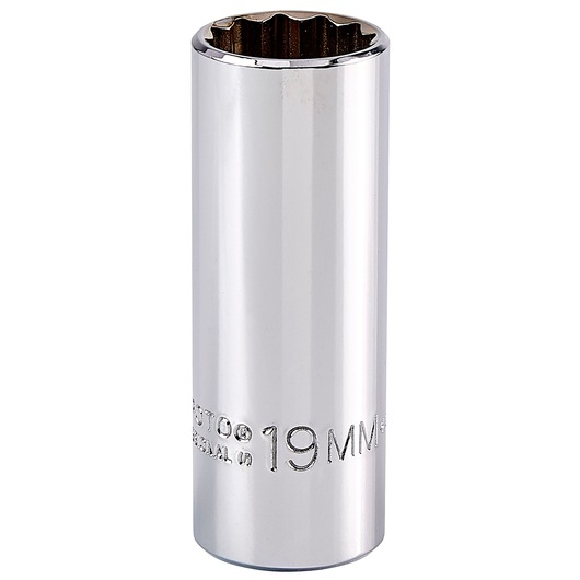 PROTO J5019M chrome 12-point 19mm deep socket, vertical angle, white background.