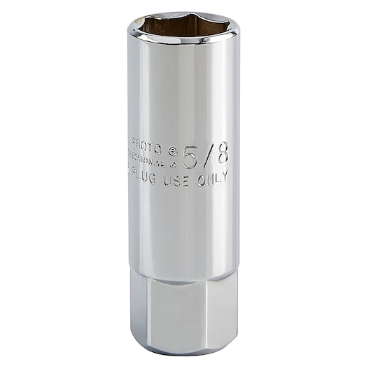 PROTO J5020-50 chrome spark plug socket, 5/8 inch, side angle, on white background.