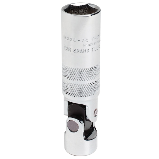 PROTO J5020-70A chrome spark plug socket with knurled grip and universal joint, front angle on white background.