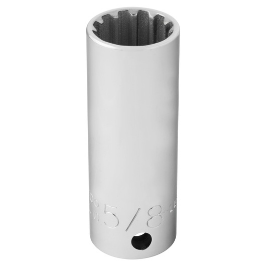PROTO J5020DPL chrome finish 5/8 inch 12-point deep socket, vertical angle, white background.