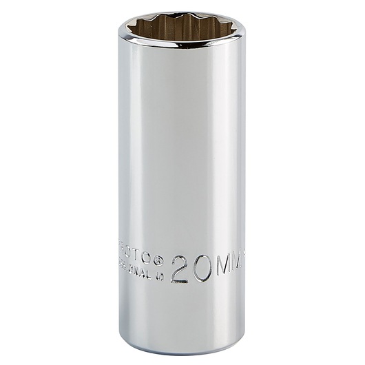 PROTO 20mm chrome socket J5020M, 12-point design, photographed upright on white background.