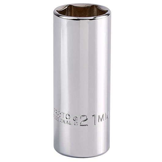 PROTO J5021MH chrome 21mm deep socket, hexagonal, side angle, on white background.