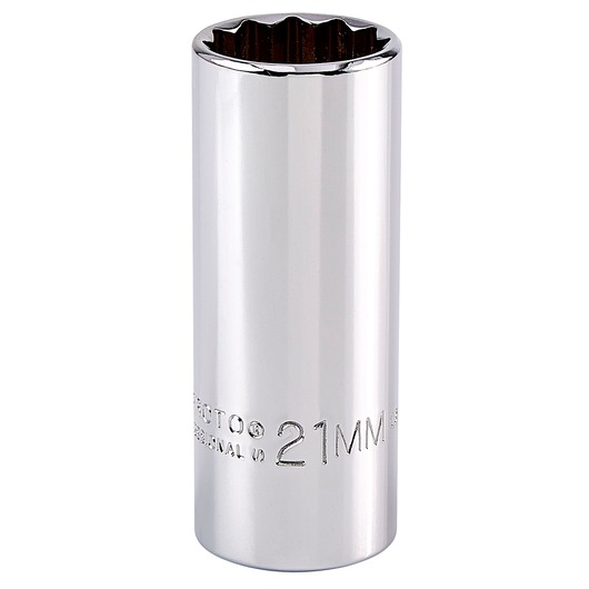 PROTO J5021M chrome deep socket, 21mm size, front angle on white background.