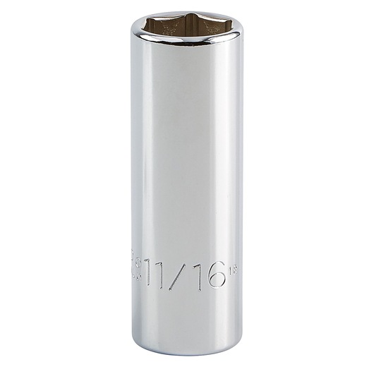 PROTO J5022H chrome deep socket, 11/16 inch size, photographed upright on white background.