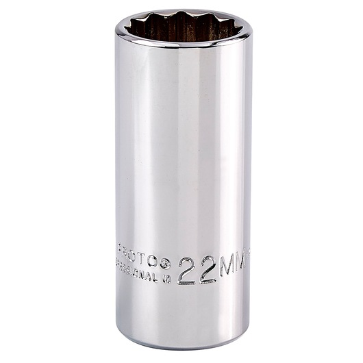 PROTO chrome 22mm deep socket, J5022M, tool photography, straight-on angle, white background.