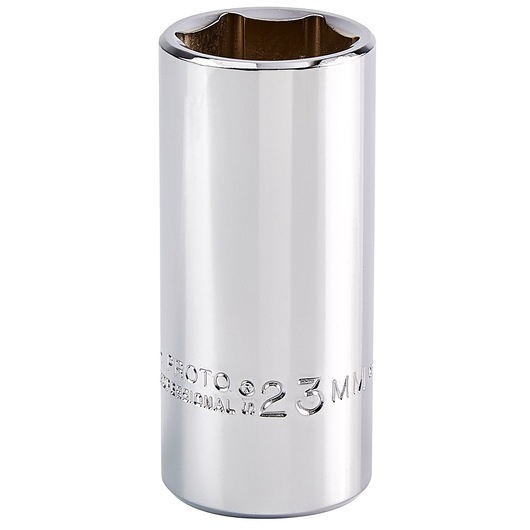 PROTO J5023MH chrome 23mm deep socket, six-point design, side angle on white background, hand tool.