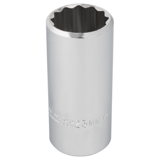 Photo of PROTO J5023M chrome 12-point 23mm deep socket, front angle on white background, tool accessory.