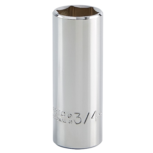 PROTO J5024H chrome deep socket, 3/4 inch size, vertical front angle on white background.